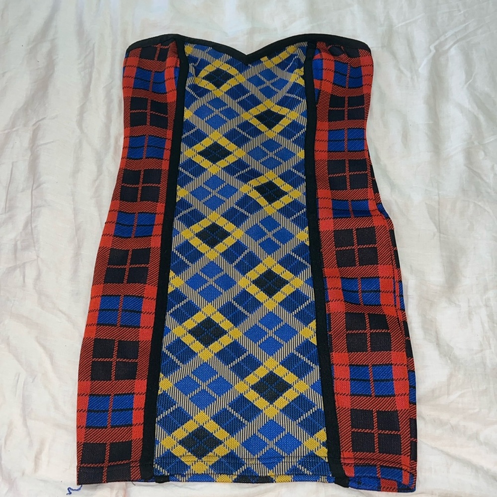 fashion nova strapless bandage dress plaid clueless versace-inspired